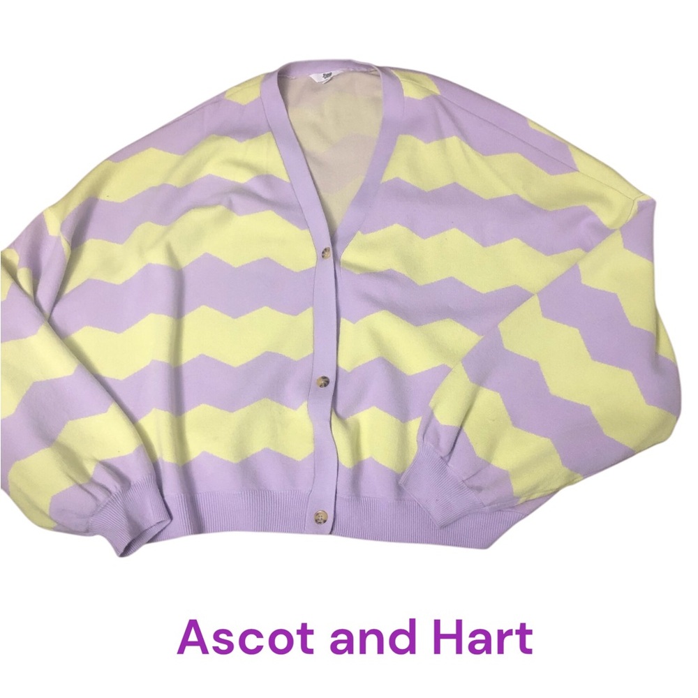 Ascot and Hart Chevron Balloon Sleeve Cardigan Lilac and Yellow 3X